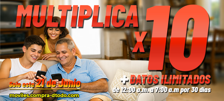 Multiplica tu recarga x 10 + Internet ilimitado de 12m a 7am por 30 días Multiplica tu recarga x 10 + Internet ilimitado de 12m a 7am por 30 días